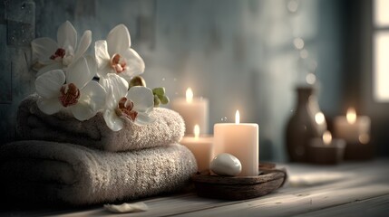 Cozy spa interior with aromatherapy candles and orchid blossoms.

Tranquil wellness background with lit candles and soft lighting