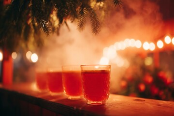 Rustic holiday bar scene featuring multiple glasses of vibrant drinks, illuminated by warm lights, creating a cozy and inviting atmosphere for festive celebrations