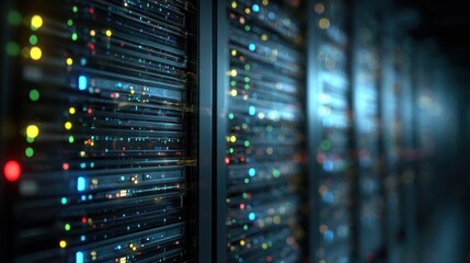 A computer server room with many lights on the servers. The lights are in different colors and are glowing brightly