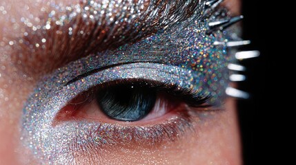 Close-up of a model's eye adorned with shimmering silver makeup, showcasing avant-garde beauty and intricate details, emphasizing creativity and artistic expression