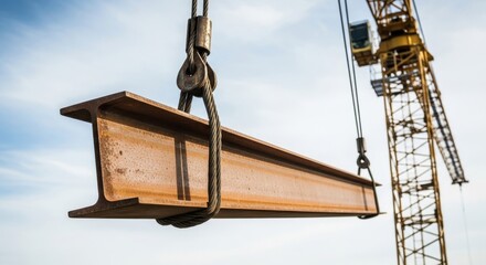 Crane lifting steel beam at construction site against blue sky background