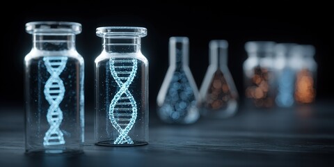 Fototapeta premium Creative laboratory setup with glowing DNA in glass vials surrounded by various scientific containers