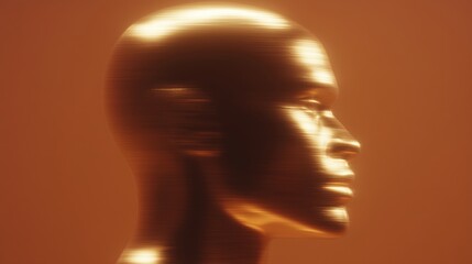 High concept studio image of a golden bronze synthetic figure, showcasing smooth contours and reflective surfaces, illuminated by warm ambient light, creating a striking visual experience