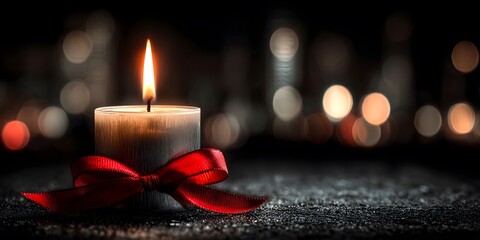 Single candle flame glowing in the dark with holiday lights.

Romantic candle with red ribbon and warm golden bokeh