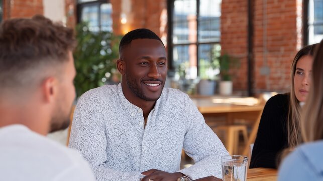 Engaged african american man in a creative business meeting, surrounded by colleagues in a sunlit industrial space, fostering collaboration and innovative ideas - Powered by Adobe
