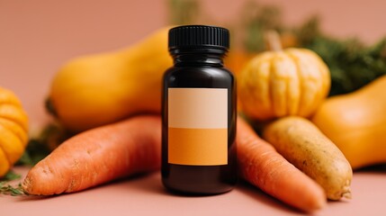 Dark amber supplement bottle with a soft beige label, surrounded by fresh vegetables including carrots and squash, creating a vibrant and healthy lifestyle concept