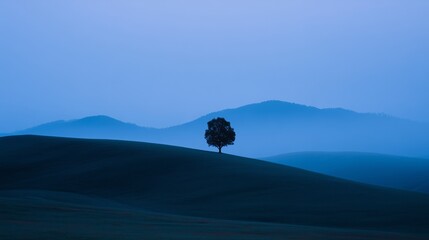 Tranquil landscape at blue hour featuring fog-covered hills and a solitary tree, creating a serene atmosphere in a peaceful natural setting with soft hues