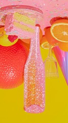 Colorful party scene featuring a sparkling pink bottle, in upside down room vibrant fruits, and a slice of cake on a bright yellow background, creating a festive atmosphere with playful elements