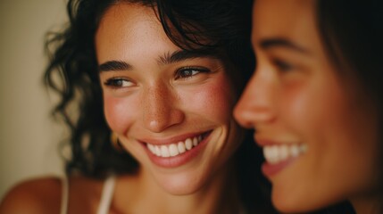 Close-up portrait of two women sharing a heartfelt moment, showcasing their joyful expressions and warm smiles, radiating friendship and connection with soft lighting