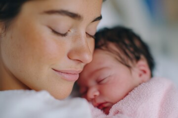 New mother resting peacefully in hospital bed, lovingly cradling her newborn baby, showcasing tender moments of bonding and warmth in a serene environment
