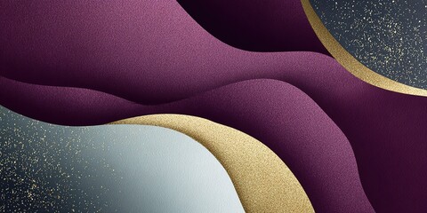 Elegant abstract design featuring flowing curves and shimmering gold accents in a rich purple and gray background