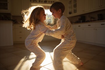 Boy and girl in cozy pajamas are joyfully playing together in a sunlit kitchen, capturing the warmth of childhood moments and the essence of family togetherness