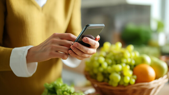 Faceless young individual verifying fruit energy content on mobile device defocused kitchen setting nutritional checking activity dietary awareness scene food value assessment