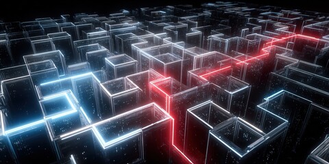 Abstract digital maze with glowing lines in a futuristic environment showcasing complexity and innovation