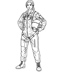 Female Fighter Pilot Standing with Helmet Vector Illustration, Confident Woman Pilot in Flight Suit Graphic