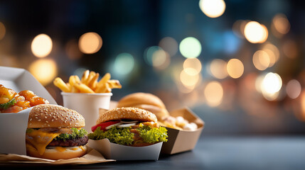 Compilation of various quick service meal items defocused fast food background convenience food assortment high energy meal collection dietary awareness display nutrition comp