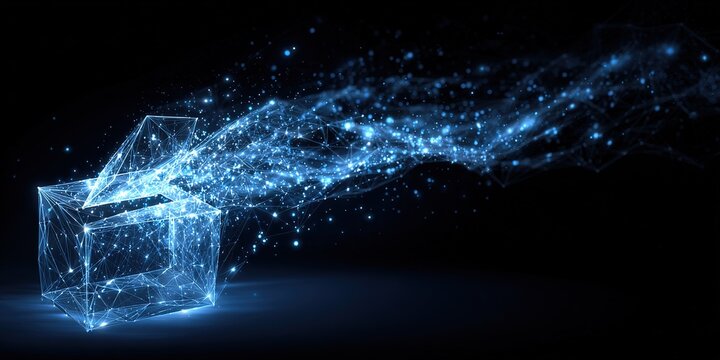 Digital representation of a ballot box with glowing particles in a dark background showcasing the concept of voting and technology