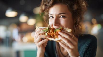 Faceless enthusiastic individual enjoying circular flatbread meal defocused delivery background fast food consumption meal satisfaction scene quick service dining moment with