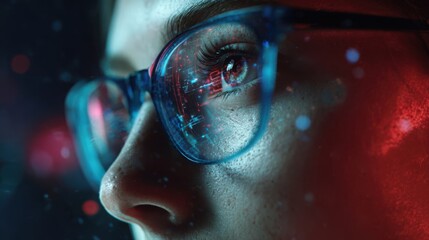 Close-up of a person's eye with digital circuit patterns reflecting in their glasses, symbolizing technology, data, and future vision