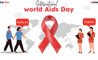 World AIDS Day Ribbon with Diverse Characters and Awareness Words.