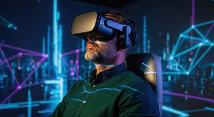 Man wearing VR headset experiencing virtual reality in a futuristic digital environment