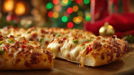 christmas close-up of delicious jucy cheese pizza with christmas cosy nostalgic mood 
