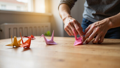 Focused man folding colorful origami cranes indoors, creativity and mindfulness