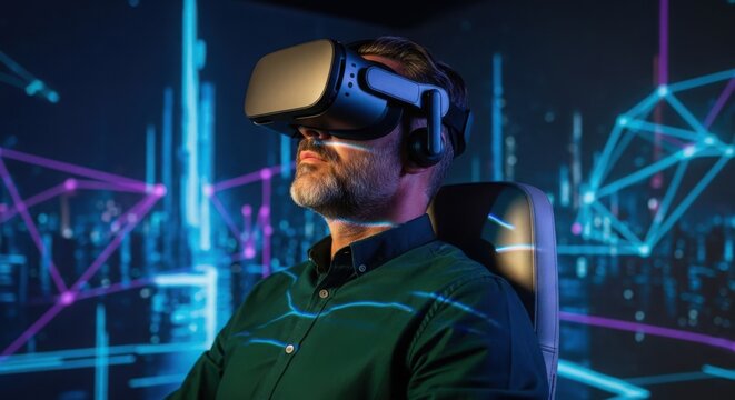 Man wearing VR headset experiencing virtual reality in a futuristic digital environment