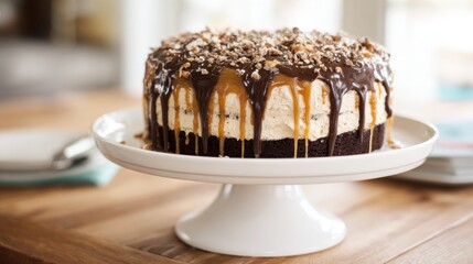 A chocolate cake with caramel drizzle sits on a white cake stand. The cake is topped with nuts and is surrounded by plates and utensils. Concept of indulgence and celebration