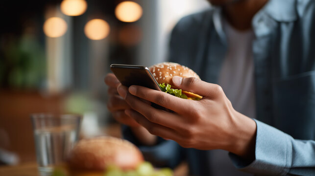 Faceless young individual using mobile with meal energy information soft defocused background burger in hand dietary tracking scene fast food awareness nutrition app display