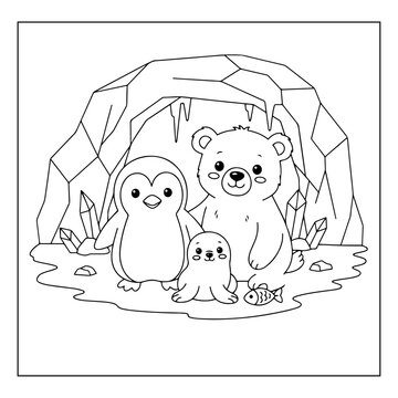 Penguin, Baby Polar Bear, Seal & Fish Ice Cave Coloring Page balck and white for kids
