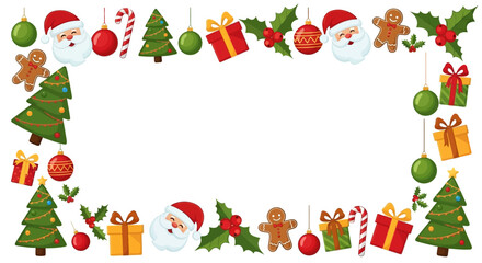 Christmas Holiday Border Frame with Santa Claus, Gifts, Trees, and Ornaments