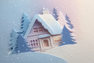 Fototapeta premium Layered pastel paper craft of a cozy snow-covered winter cottage scene with falling snow.