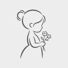 Simple Line Art Girl Holding Flowers Cute Child Silhouette Vector Illustration