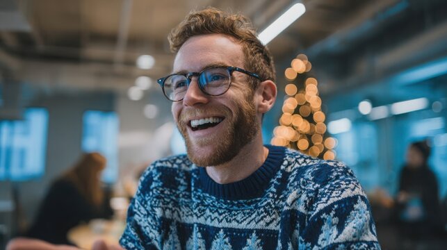 Happy man in festive patterned sweater smiling in an office with bokeh Christmas lights, celebrating the holiday season - Powered by Adobe