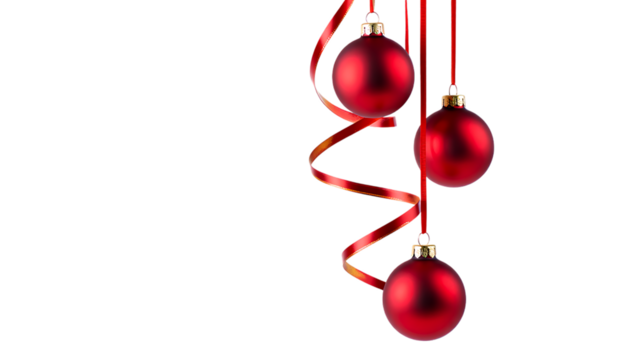 Red Christmas baubles ornament hanging decoration on white background for a festive seasonal celebration