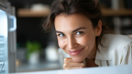 Faceless cheerful individual near opened cooling appliance in culinary space defocused kitchen background refrigerator browsing scene food selection moment dietary choice