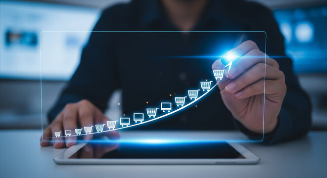 Modern ecommerce sales acceleration concept with glowing upward cart icons, digital analytics interface, online marketplace performance improvement and technology-driven growth visualization
