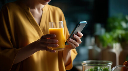 Faceless individual checking wellness application while preparing blended beverage soft defocused kitchen background smoothie creation scene health app usage nutritional