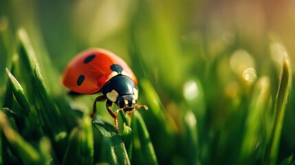 A ladybug is walking on a green grass. The ladybug is red and black