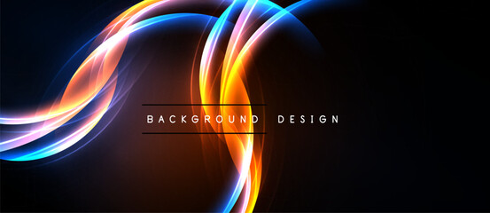 Abstract flowing lights create dynamic curves. Vivid colors contrast against dark background. Modern design element for digital projects.