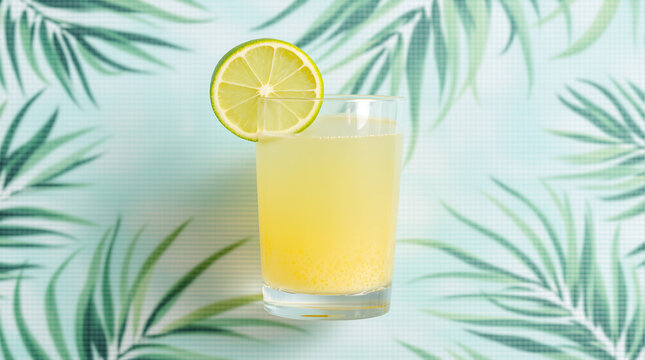 Flat lay of guarapo fresh sugarcane juice pressed, lime optional, clear refreshing glass, tropical cooler