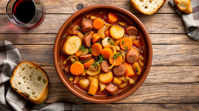 Flat lay of grah bean soup with smoked sausage, spices, hearty peasant stew, warming flavors
