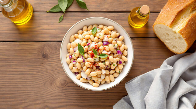 Flat lay of prebranac baked white beans with onions, garlic, paprika, bay leaves, sunflower oil, crusty bread accompaniment