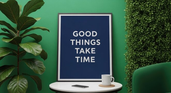 Framed quote good things take time with plant and coffee cup against a green wall