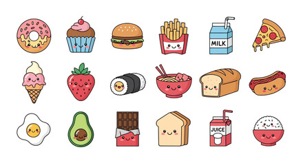 Cute cartoon food icons: donut, cupcake, burger, fries, milk, pizza, ice cream, strawberry, sushi, ramen, bread, hotdog, egg, avocado, chocolate, toast, juice, rice.