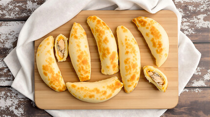 Overhead flat lay of carimañolas yuca torpedo shapes stuffed with chicken or cheese, softer texture, panamanian influence