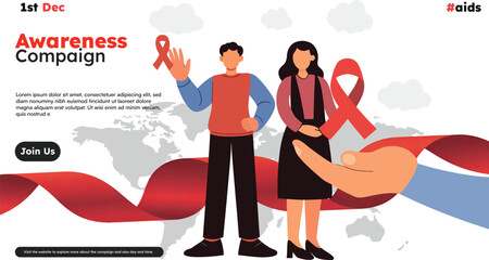 AIDS Campaign with Heart Ribbon and Diverse Characters.