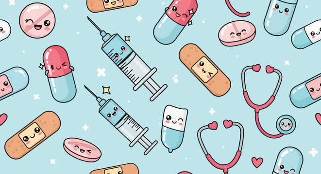 Cute medical supplies pattern with pills, syringes, bandages and stethoscopes.