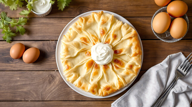 Overhead flat lay of gibanica cheese pie with phyllo layers, white cheese, eggs, milk soak, kajmak cream, baked golden